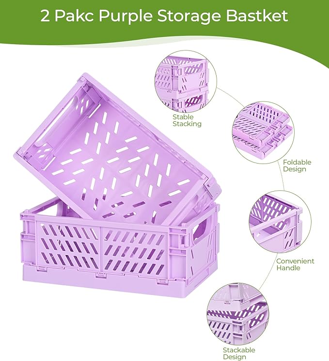HUUSMOT 4-Pack Small Pastel Plastic Storage Baskets, Collapsible Crates for Organizing, Space-Saving Mini Bins for Classroom, Kitchen, Office, Bedroom (Purple, 9.8" x 6.5" x 3.8")