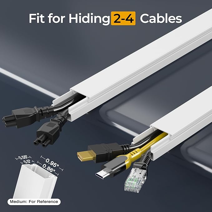 56.7in Cable Hider Cord Hider, Wire Covers for 2-4 Cords on Wall, Premium Cord Covers for Wires on Wall, Easy Set-up Wire Hider to Hide Tv Wires, Lamp, Speaker Cords, W0.95 H0.55in, White