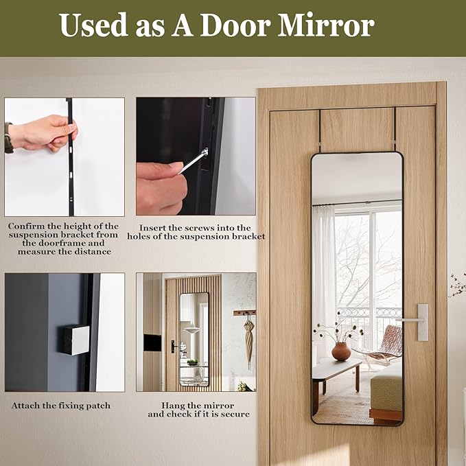 BEAUTYPEAK 14"x48" Full Length Over The Door Mirror, Aluminum Alloy Frame Full Body Mirror with Height-Adjustable Hangers, Hanging Mirrors for Bedroom, Living Room, Bathroom, Black