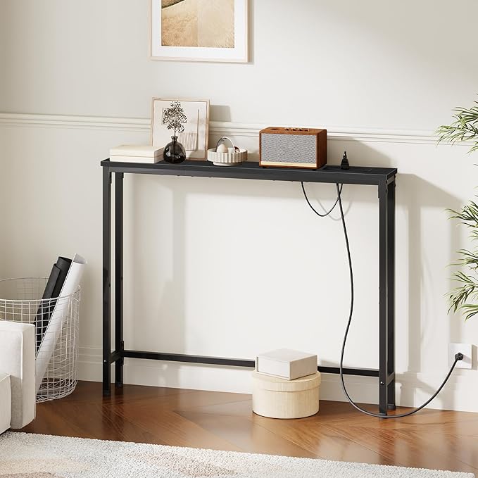 HOOBRO 39.4 Inch Narrow Console Table with Power Outlets, 5.9 Inch Sofa Table with Storage, Skinny Behind Couch Table, for Entryway Hallway, Small Spaces, Black BB52UXG01G1