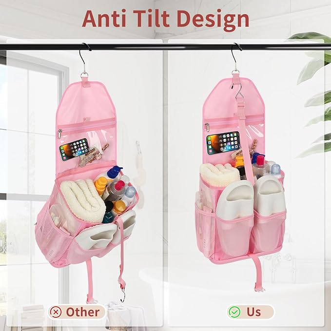 Ethereal Pink Hanging Mesh Shower Caddy Portable for College Dorm Room Essentials, Large Capacity Shower Bag for Guys/Girls, for Beach, Swimming, Gym