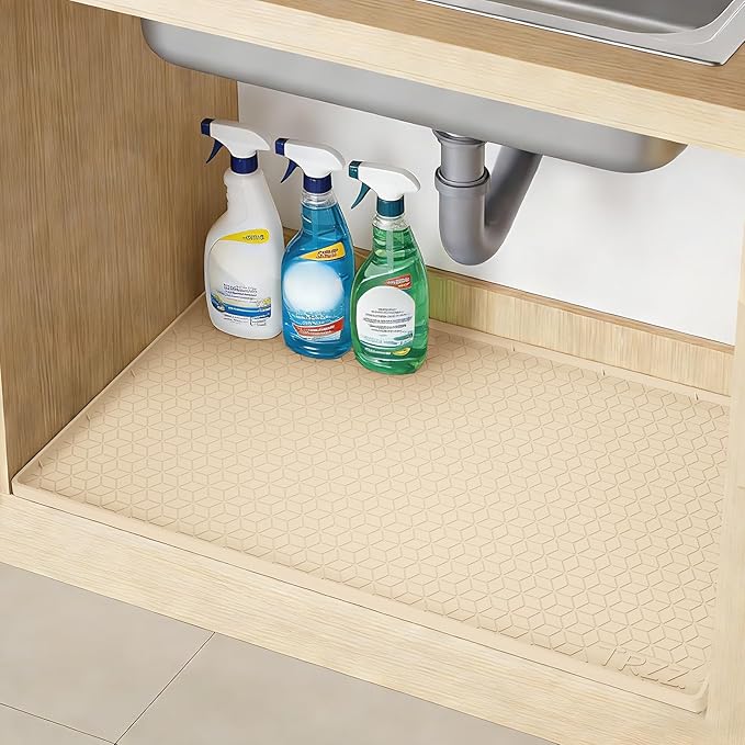 TRZZ Silicone Waterproof Under Sink Mat 28" x 22", Drip Tray and Cabinet Liner for Kitchen and Bathroom, Prevents Water Damage and Organizes Cabinets (Beige)