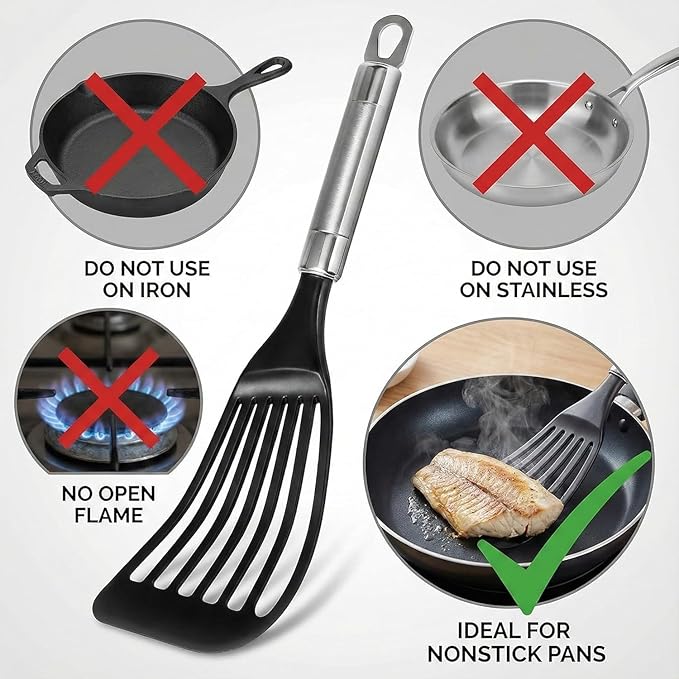 KSENDALO Thin Flexible Nylon Fish Spatula for Nonstick Cookware Fish Spatula Egg Flipper Hollow Steel Handle, LFGB Certified Nylon Thin Blade Sturdy Hollow Handle Dishwasher Safe- Silver/Black