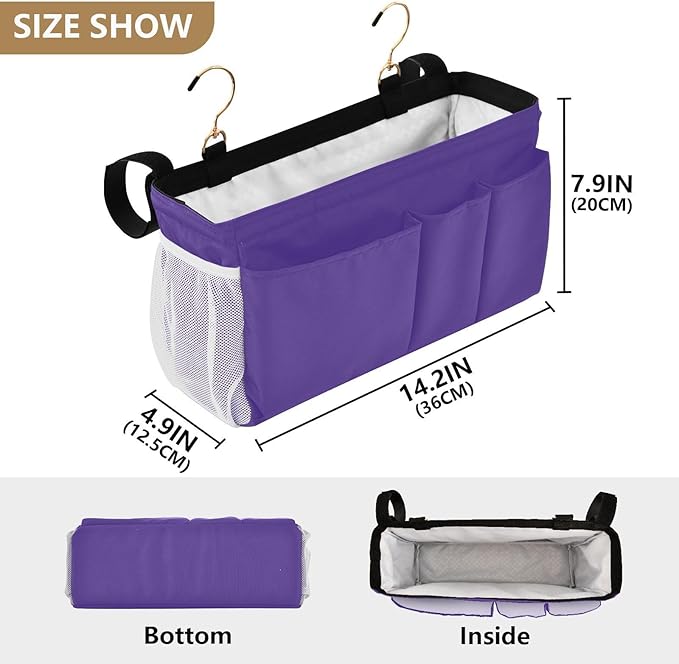 Dark Purple Bedside Caddy Storage Bag Bedside Organizer for Bunk Bed Headboards College Bedside Shelf Hanging Organizer 6 Pockets with Hooks for Magazine Water Bottle Holder