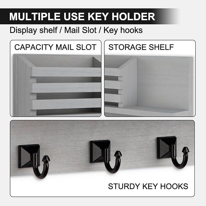 Key Holder Wall Mount, Mail Organizer for Wall with 5 Square Rustic Key Hooks Key Shelf Farmhouse Home Decor for Entryway