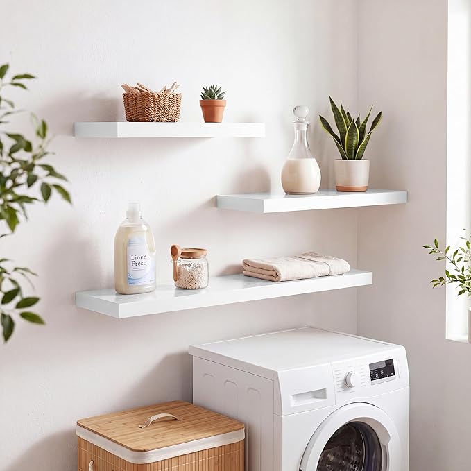 RICHFOCUS 28Inch Floating Shelves for Wall 2 Pack Shelves for Bedroom|Kitchen|Bathroom|Laundry Room Rustic Wood Wall Mounted Shelf with Invisible Brackets for Books|Storage|Decor, White