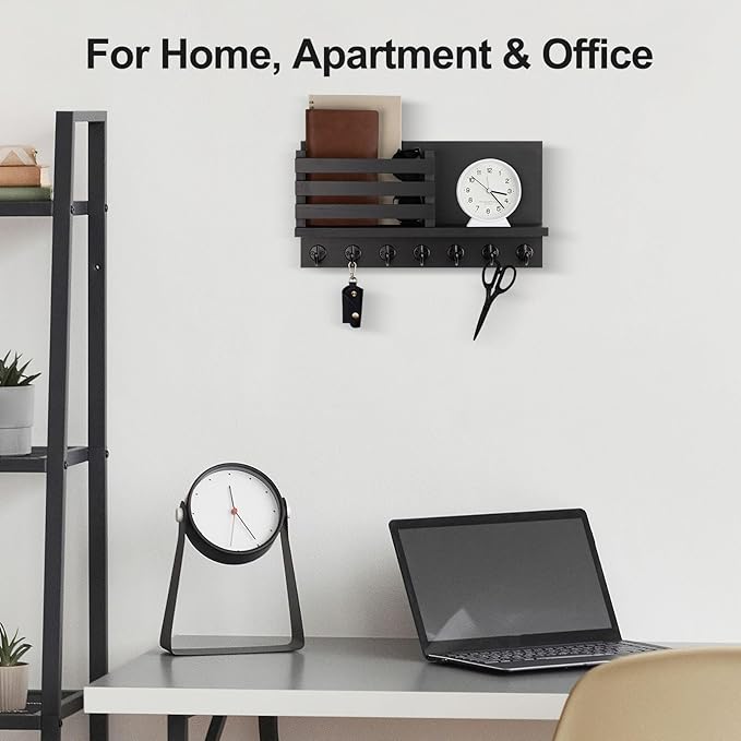 Lwenki Key Holder for Wall – Decorative Wooden Mail Holder and Key Shelf with Mounting Hardware, Installation Guide – Paulownia Wood with Metal Key Hooks (Black, Extra Large - 15.6inch)
