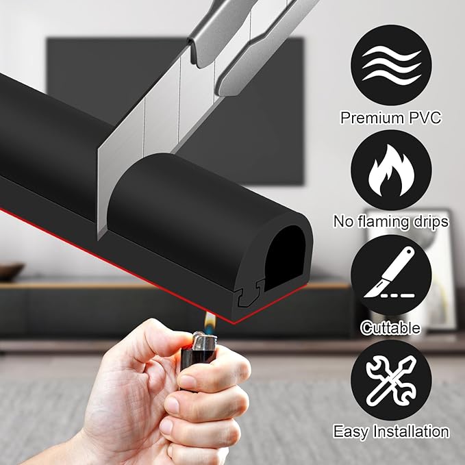 Wall Cord Hider, Flexible Self-Adhesive Wire Cover, Side-Open Cable Raceway for Cords on Wall, Cord Concealer for Mounted TV, Home Theater & Office (Black, Regular-118inch)