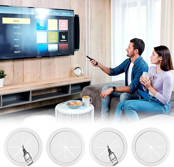 4 Pack TV Cord Hider for Wall Mounted TV, 2-3/8"(60mm Hole) Cord Hider for TV Wall, in Wall Cable Management Kit, Includes 4 Pass Throughs, 1 Hole Saw Drill Attachment & 10 Cable Ties for Easy Install