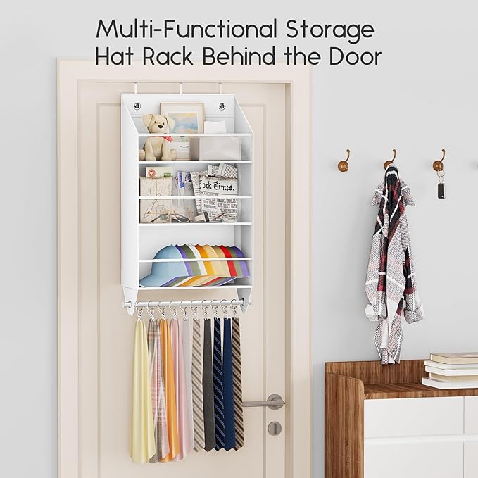 Homsorout Over the Door Hat Rack - 3-Layer Design Hat Organizer Holds 30-36 Hats with 10 Hooks, Ideal Hat Rack for Door, Over the Door Organizer for Closet, Apartment, Bedroom, Dorm, 2 Pack, White