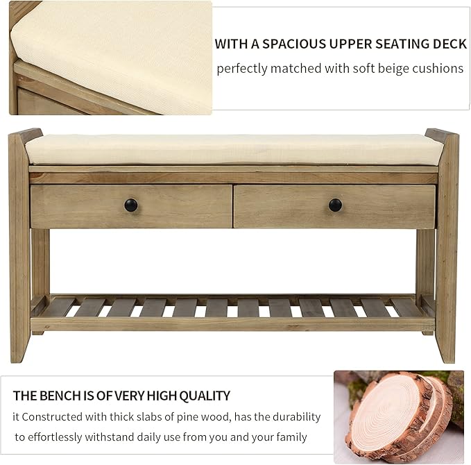 LUMISOL Storage Bench, Shoe Rack with Upholstered Seat and 2 Drawers, Solid Wood Entryway Storage Bench with Shoe Rack for Entryway, Living Room, Bedroom, Antique Navy