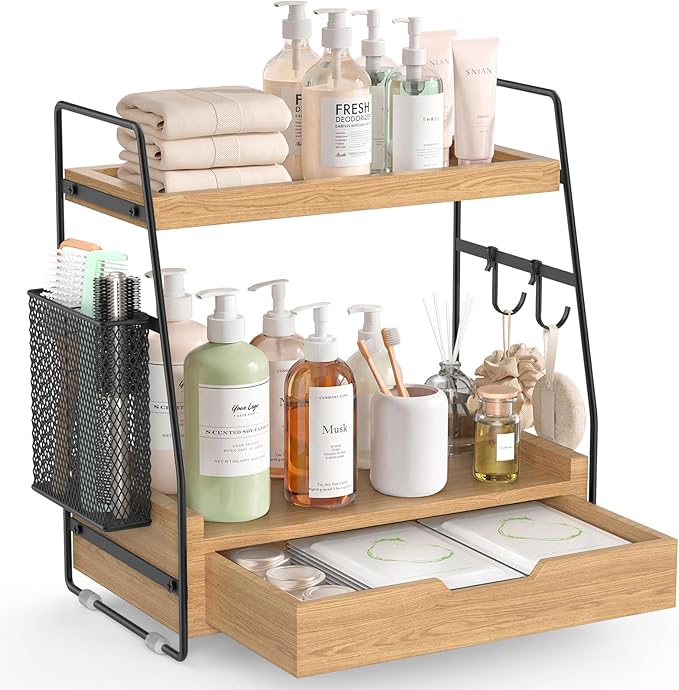 2-Tier Bathroom Counter Organizer with Drawer and Removable Basket, Wood Vanity Countertop Storage for Perfume, Makeup, Skincare, Bathroom Counter Shelf, Moisture-Resistant, Light Brown