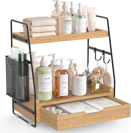 2-Tier Bathroom Counter Organizer with Drawer and Removable Basket, Wood Vanity Countertop Storage for Perfume, Makeup, Skincare, Bathroom Counter Shelf, Moisture-Resistant, Light Brown
