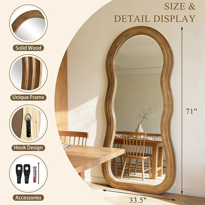 Wavy Full Length Mirror, 71"x33.5" Oversized Organic Floor Mirrors with Triple-Layer Solid Wood Frame, Large Irregular Full Body Mirror for Living Room Entryway Cloakroom, Leaning/Hanging