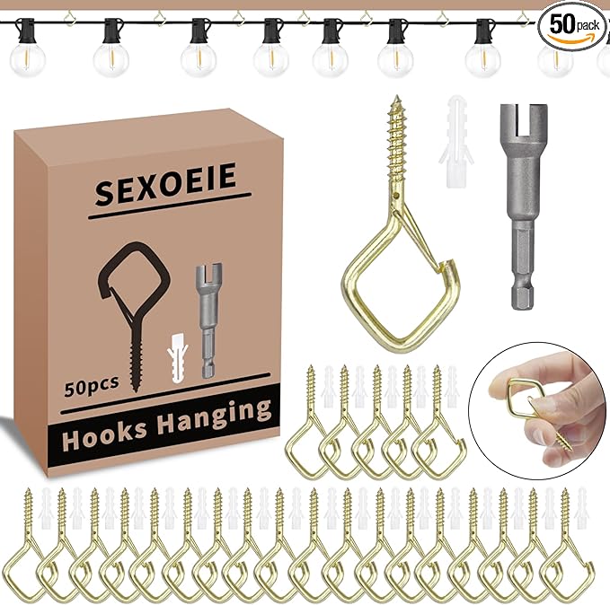 50 PCS Gold Eye Screw Hooks for Hanging Heavy Duty with Safety Buckle.Metal Ceiling Hooks for Hanging Plants Cup Wind Chime Bird Feeders Patio Lights At Indoor&Outdoor