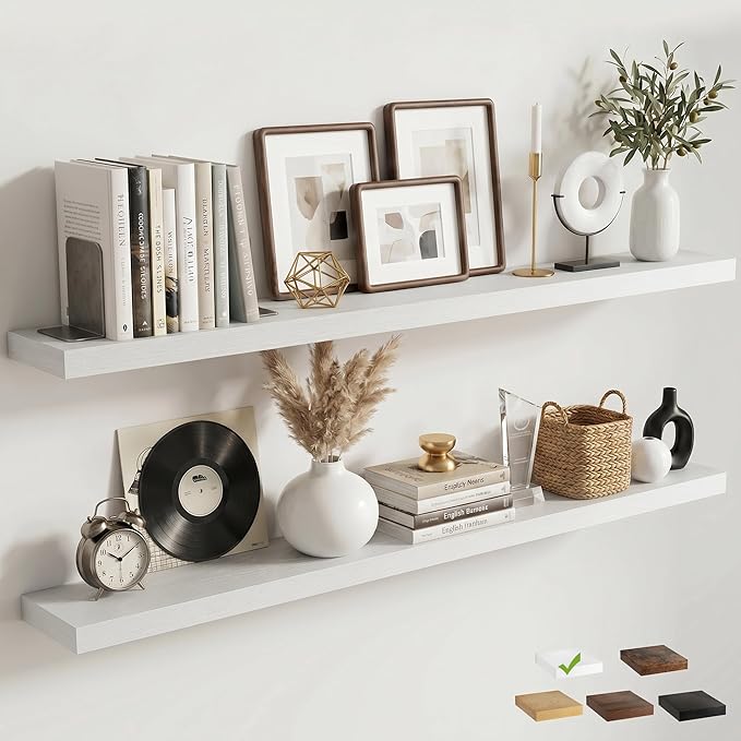 Venusmiles Floating Shelves for Wall, 55 Inch Floating Shelves Set of 2, 6.5" D Wooden Wall Mounted Display Shelves with Invisible Brackets for Living Room, Bedroom, Bathroom, Kitchen Decor, White
