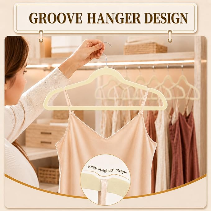 Velvet Hangers 50 Pack, Non Slip Clothes Hangers with Shoulder Notches, Slim Felt Hanger with 360° Swivel Hook, Space-Saving, for Coat, Shirt, Pants, Dress, Suits, Ivory