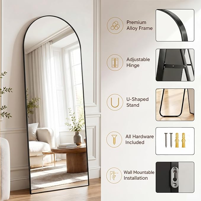 Antok Full Length Mirror, 46"x86" Floor Mirror with Stand, Hanging Mounted Mirrors for Bedroom, Living Room, Cloakroom, Dining Room, Black, Arched