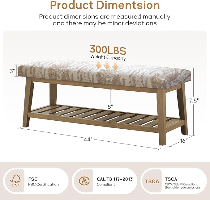 Zihanhome Entryway Shoe Bench with Cushion, End of Bed Bench,Upholstered Bench for Kitchen, Bench with Solid Wood Shelf, Fabric Ottoman Bench for Hallway, Living Room (Textured Beige)