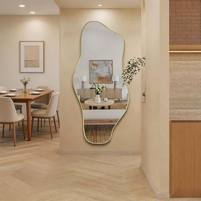 Irregular Full Length Mirror, 67"x31" Large Asymmetrical Tempered Glass Mirror, Gold Organic Frameless Wall Mirrors for Living Room Bedroom Hallway Entryway, Horizontal or Vertical Hanging