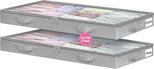 3-Inch High Under Bed Storage Containers, Low Profile Underbed Bins, NO RIGID STRUCTURE, Foldable Clothes Storage Organizer w/Lid & Zipper, Shallow Storage for Low Beds, Couches & Cribs, 2-Pack, Gray