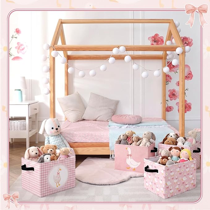CHENGU 6 Pack Pink Silly Goose Storage Bin Cute Collapsible Storage Basket for Girl Large Foldable Laundry Box with Handle Decorative Clothing Basket for Girl Nursery Bedroom Home Baby Shower Birthday