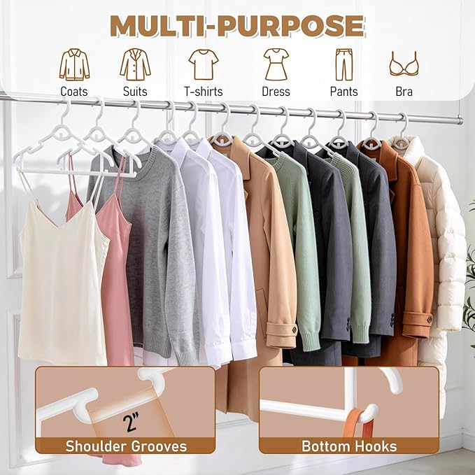 Heavy Duty Plastic Hangers 50 Pack, Stackable Space Saving, with 360° Swivel Hook, Non Slip Shoulder Grooves, for Suits, Shirts, Coats, Durable & Strong Closet Organizers, White