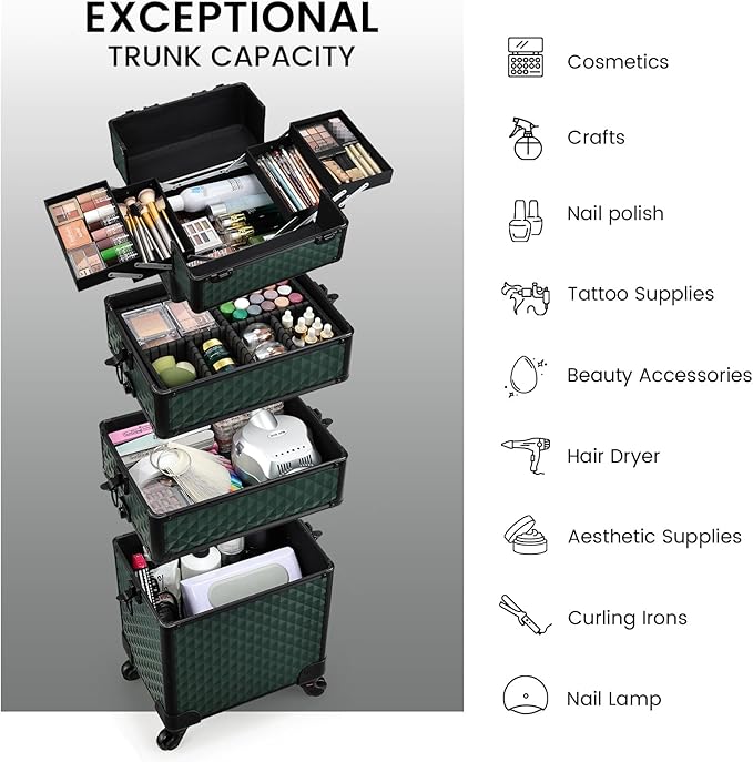 Stagiant Rolling Makeup Train Case Cosmetology Case on Wheels 4 in 1 Cosmetic Box Makeup Travel Case with Key Swivel Wheels Nail Artist Salon Barber StorageTraveling Cart Trunk Dark Green