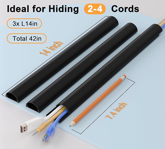 Cord Hider 42.5in (3X L14.2in), Cable Hider for 2-4 Cords, Wire Covers for Cords Wall Mount TV, Cable Cover Wall Wire Hider for Cords, Cable Raceway W1.4inxH0.7in Black