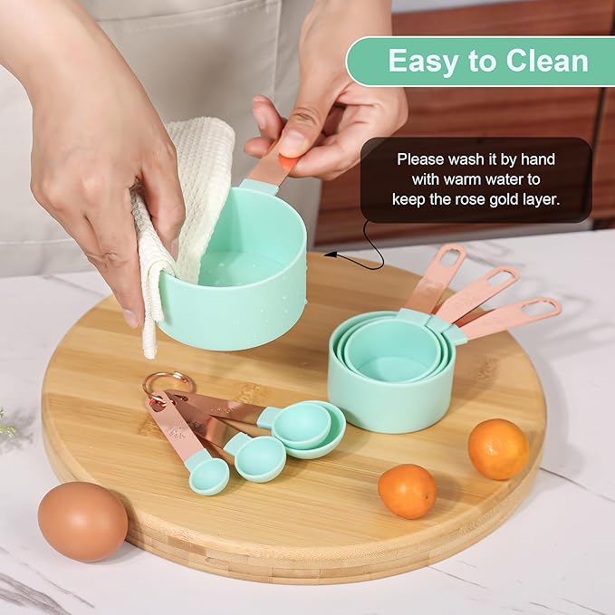 8-Piece Stackable Rose Gold Stainless Steel Handled Measuring Cups and Spoons for Measuring Dry and Liquid Ingredients (green)