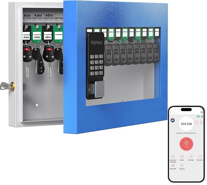 WeHere 24 Key Lock Box Wall Mount, Securty Key Cabinet with Key Tags, Key Organizer Box for Business, Home, Office, Hote, Garage, APP Bluetooth/OTP/Fixed Code/Key/Wi-Fi Unlock, Tempered Glass Door