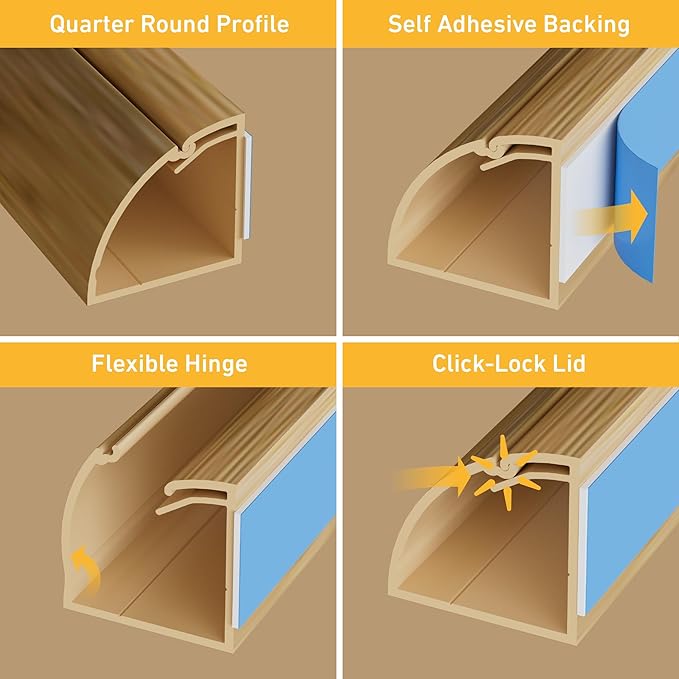 D-Line 157in Stainable Wood-Effect Corner Cable Concealer Multipack, Floor Wire Hider, Quarter Round Cord Cover, Organize Cords in Corners, Floor Molding - 10x 15.7in Lengths & Accessories