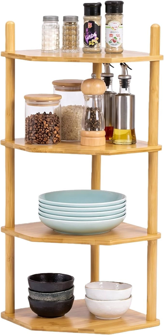 4-Tier Expandable Bamboo Corner Shelf - Dish/Plate Organizer for Cabinet, Kitchen Counter Shelf & Small Kitchen Shelf, Adjustable (Natural, 1-Pc 4-Tier)