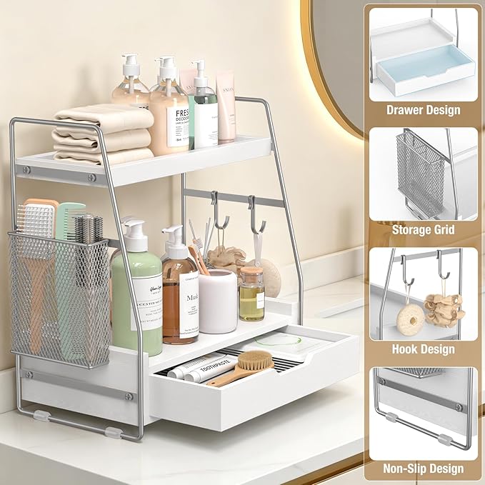 2-Tier Bathroom Counter Organizer with Drawer and Removable Basket, Wood Vanity Countertop Storage for Perfume, Makeup, Skincare, Bathroom Counter Shelf, Moisture-Resistant, Silver