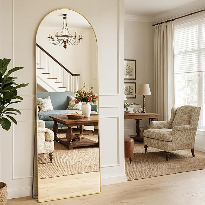 MISSDAY Arched Full Length Mirror, 64"x21" Full Body Mirror with Stand, Floor Mirror Long Free Standing, Leaning or Hanging, Aluminum Thin Frame Wall-Mounted Mirrors Wall Mirrors for Bedroom, Gold