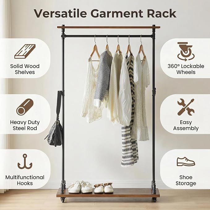 Industrial Pipe Clothing Racks, Rolling Garment Racks, Hall Tree on Lockable Wheels with Shelves and Shoes Storage, Heavy Duty Clothes Rack (Free Standing)