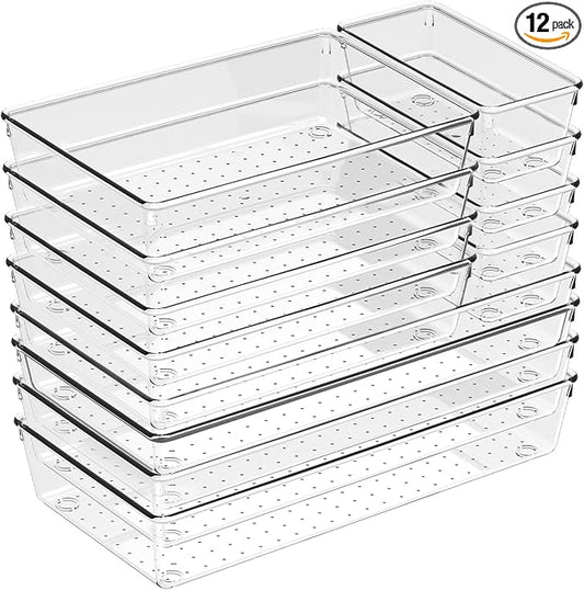 12 Pack Large Drawer Organizer Bins - Clear Plastic Bathroom Drawer Organizer Trays - Heavy Duty Kitchen Drawer Dividers for Utensils - Non-Slip Storage Bins for Makeup, Bedroom, Office Desk