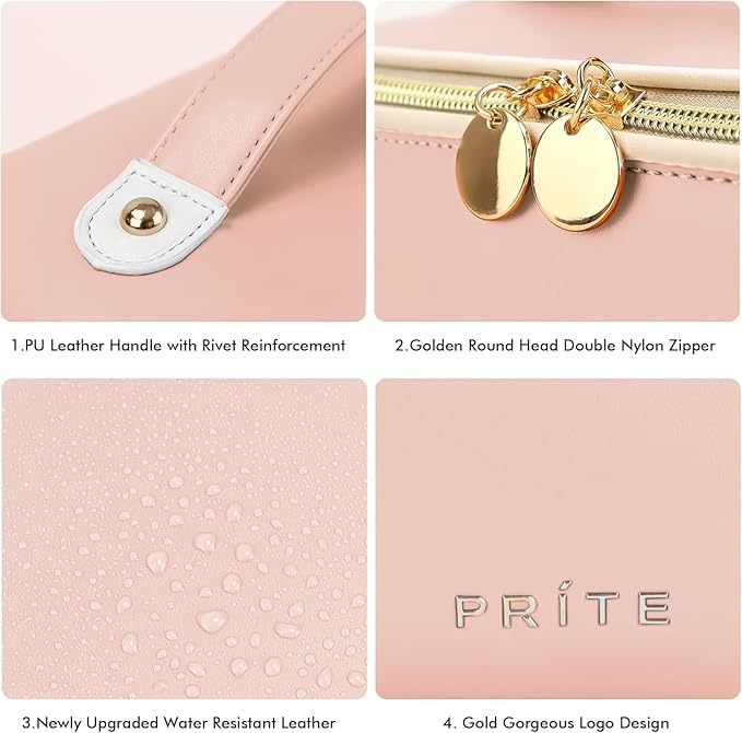 Prite Makeup Bag for Women Travel Waterproof Vegan Leather Cosmetic Bag Open Flat Toiletry Bag With Clear Divider and Handle (Pink, Large Pro)