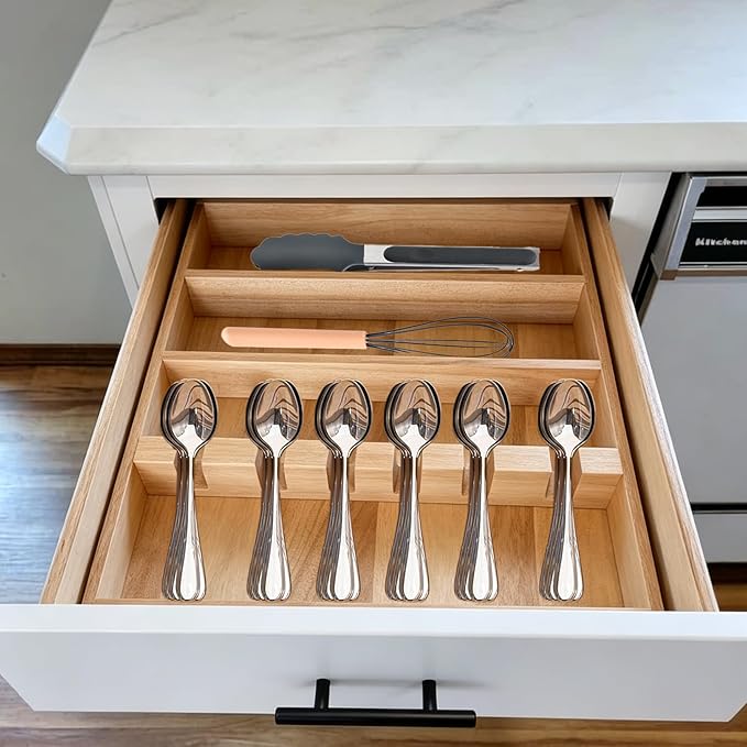 Wooden Silverware Drawer Organizer with Waterproof Oxford Bag, Kitchen Flatware Organizer, Utensil Tray with Fixed Slots for Spoons, Forks, Knives, 16.5 x 9.84 x 1.89 inches