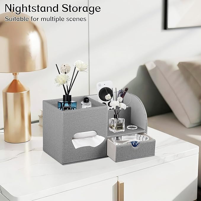 Square Tissue Box Cover with Drawer Storage and Tray on Top, PU Leather Tissues Cube Boxes Holder, Modern Nightstand Organizer Caddy, Remote Control Holder for Bathroom, Bedside, Office, Home
