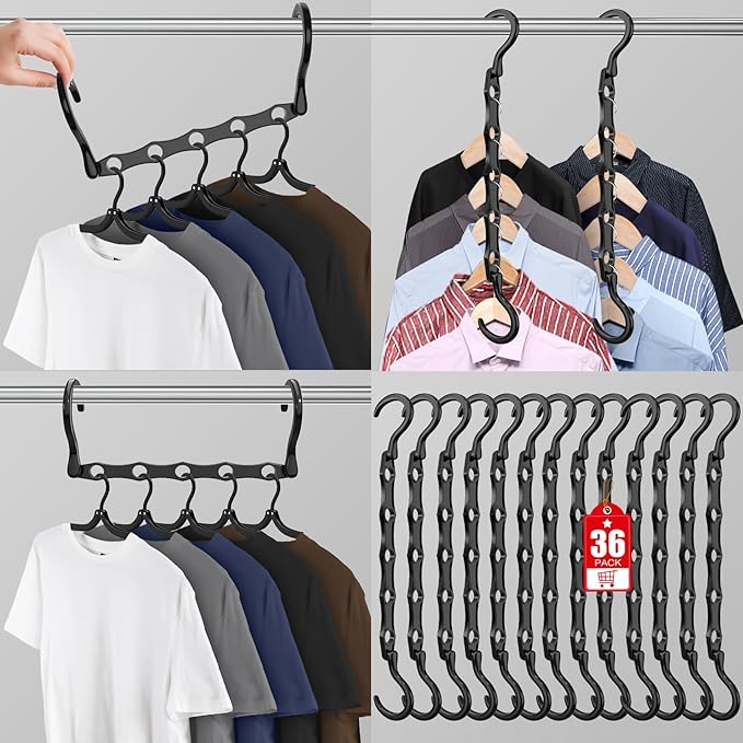 36 Pack Hangers Space Saving Magic Plastic Hanger Organizer Shirt Space Saving Hangers, Multi Space Saver Clothes Hangers for Closet Organizers Storage College Dorm Room Essentials, Dark Black
