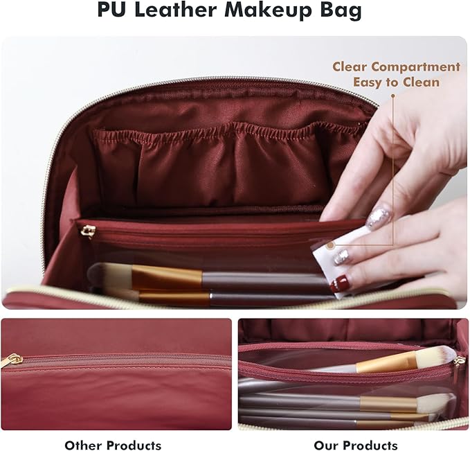 Prite Makeup Bag for Women Travel Waterproof Vegan Leather Cosmetic Bag Open Flat Toiletry Bag With Clear Divider and Handle (Dark Red, Medium)