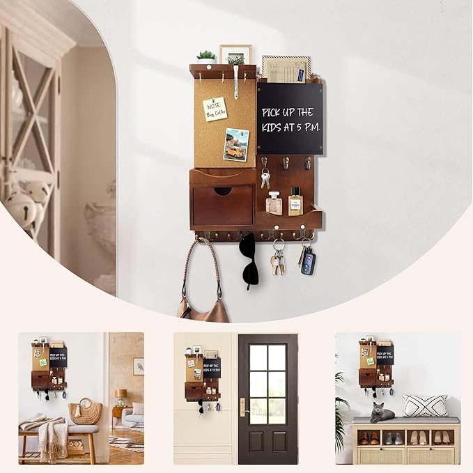 Key Holder Wall Mount， Mail Organizer Key Holder for Wall with Shelf, Drawer, Chalkboard, Corkboard, Home Decor Wall Mounted for Room Entryway(Vintage Brown)