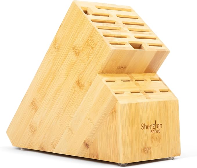 Shenzhen Knives 20 Slot Universal Knife Block: X-Large Bamboo Finish Wood Knife Block without Knives Countertop Butcher Block Knife Holder and Organizer with Wide Slots for Easy Kitchen Knife Storage