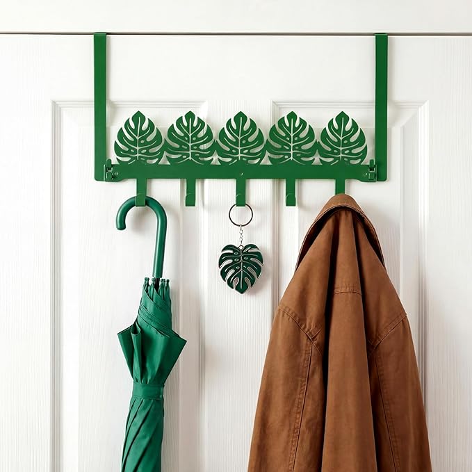 AceOrbit Green Monstera Leaf Over The Door Hooks Wall Mount & Door Tropical Palm Leaves Towel Hanger with 5 Hooks for Hanging Coat Key Clothes, Jungle Bedroom Bathroom Entryway Home Decor