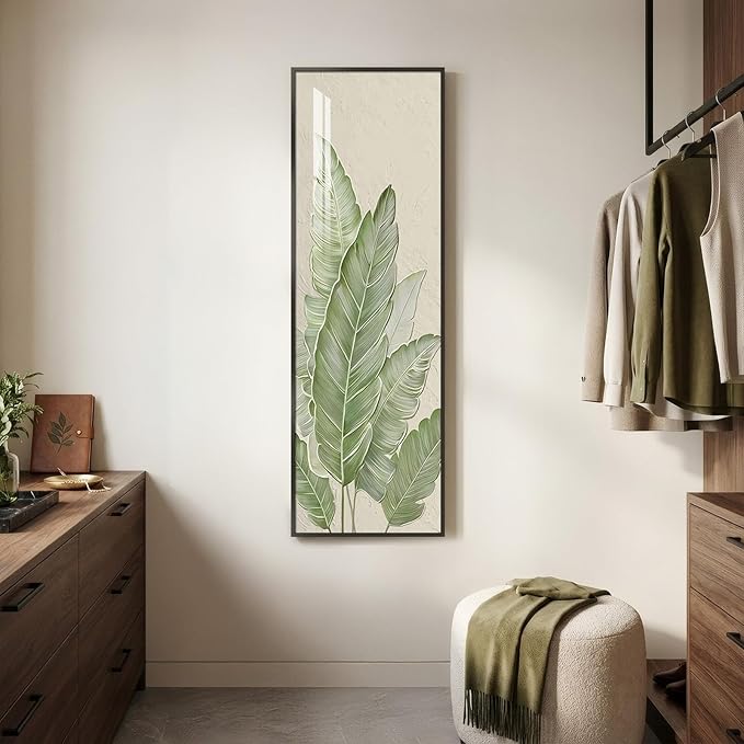 Framed Sliding Wall Mounted Full Length Mirror, Large Vertical Modern Minimalist Green Botanical Print Mirrors Artwork for Walls, Full Body Mirror for Living Room, Bedroom, Hallway, Entryway, 16X52 In