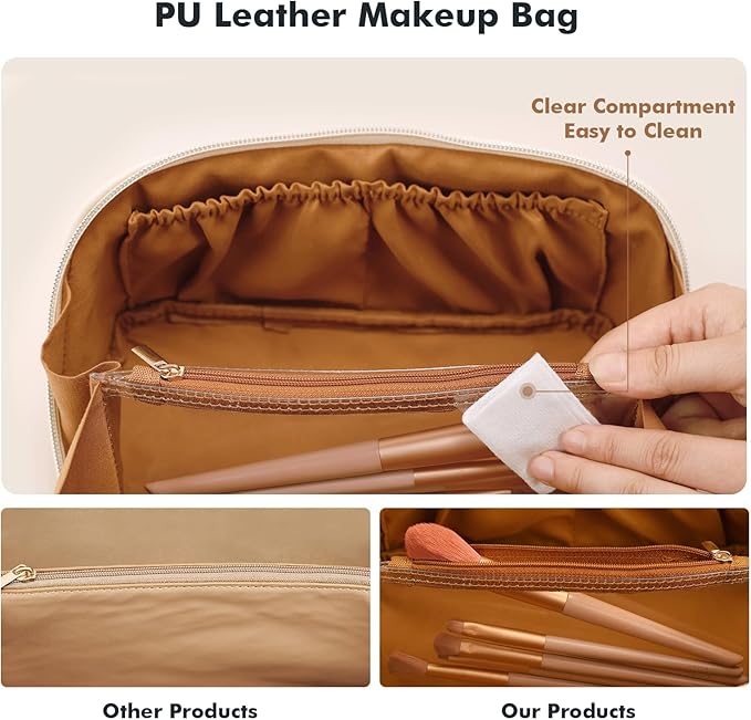 Prite Makeup Bag for Women Travel Waterproof Vegan Leather Cosmetic Bag Open Flat Toiletry Bag With Clear Divider and Handle (New Brown, Large)