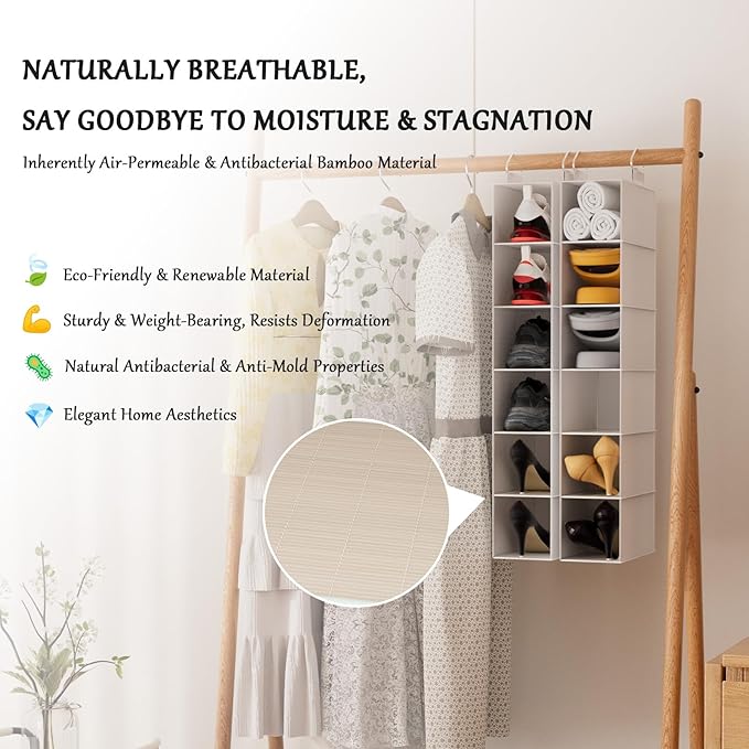 Hanging Shoe Shelves - 6 Section,Closet Organizer Set of 2 with Woven Bamboo Shelves,Slim 5.5” Wide Design for Space-Saving Storage,White