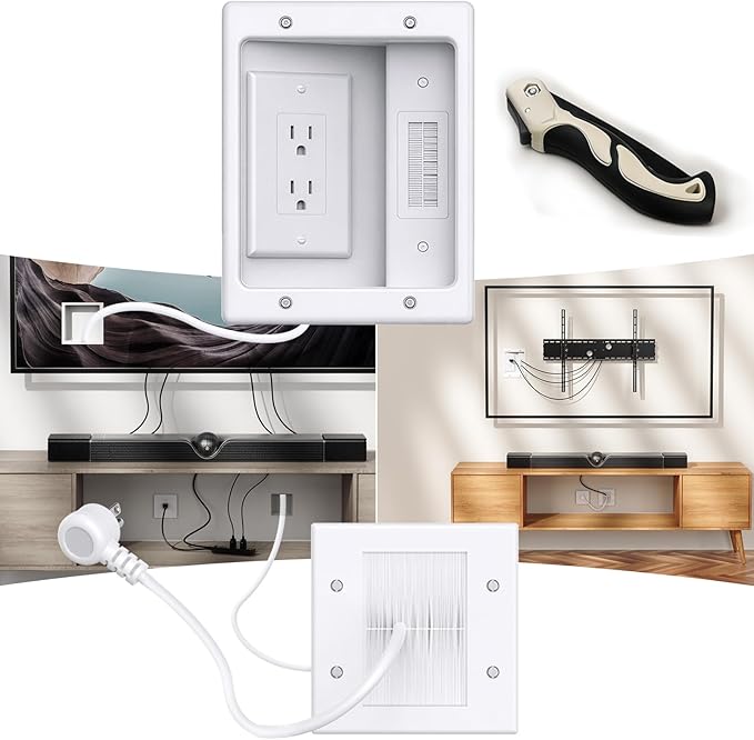 in-Wall TV Cable Concealer Kit with Recessed Power – 2 AC Outlet, 9ft Cord, and Hand Saw – Easy, Safe Cable Management for Organized TV and Home Theater Setups，Easy Installation Kit，Multiple Scenarios