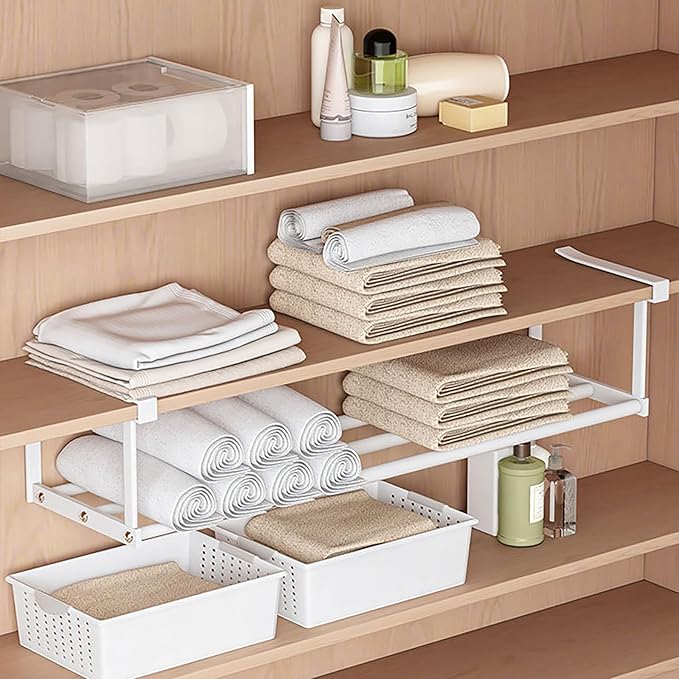 Under-Shelf Expandable Shoe Rack Organizer, White Metal, 40-70cm Width Adjustable, Cabinet Storage for Closet，Retractable Shoe Rack Organizer，Expandable（4 Pcs）